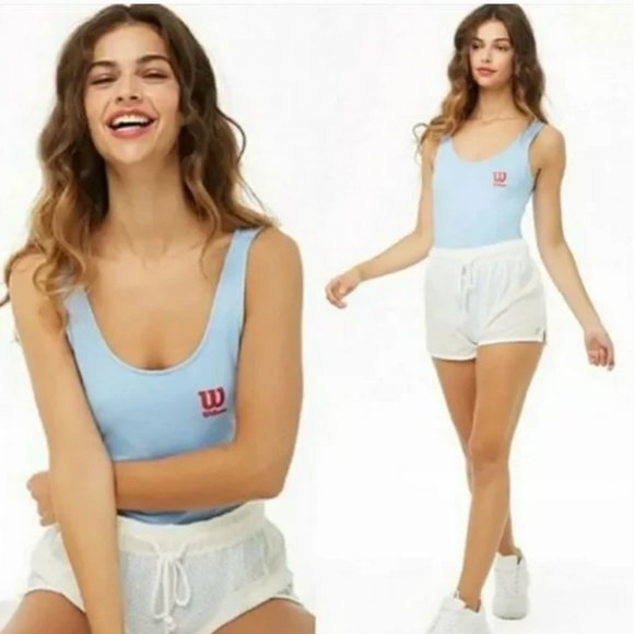 WILSONS X FOREVER 21 Baby Blue Mesh Jersey Bodysuit Sporty One Piece - Picture 9 of 10